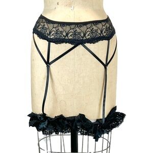 Black lace ruffle‎ garter belt lingerie sexy attached strappy garter satin bow